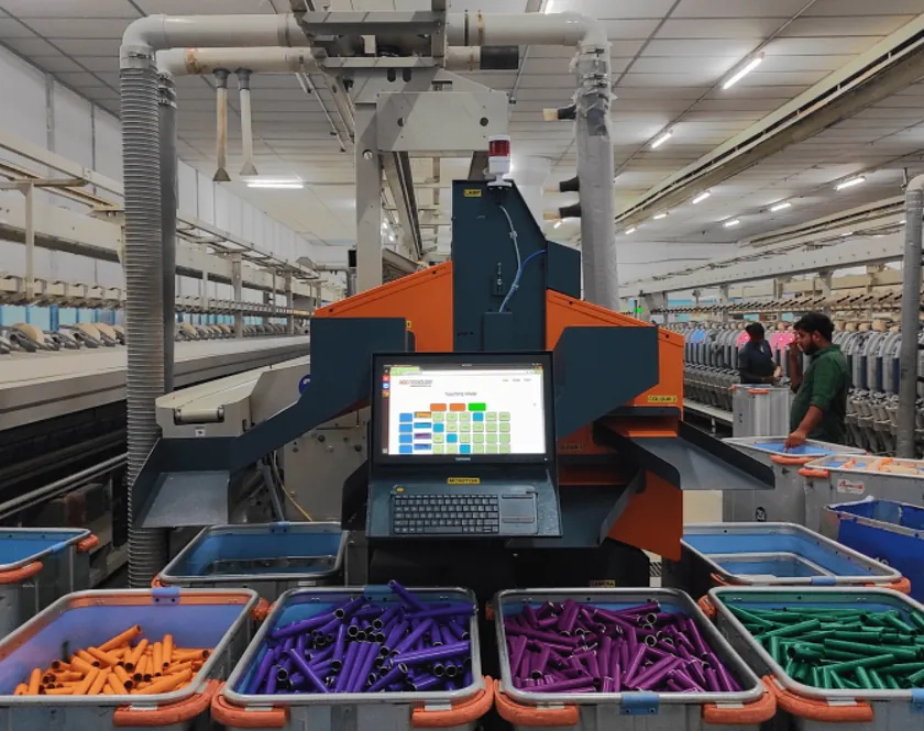 Sortlink Magic AI vision bobbin sorter installed in a spinning mill
